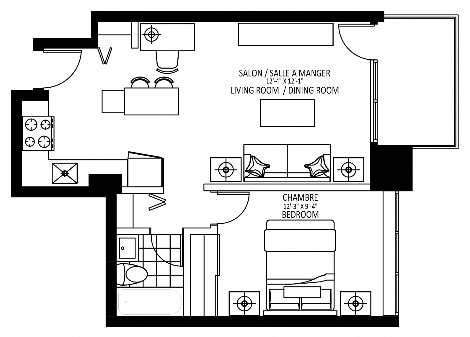 Floor plan for 1 bed, 1 bath, 540 sqft